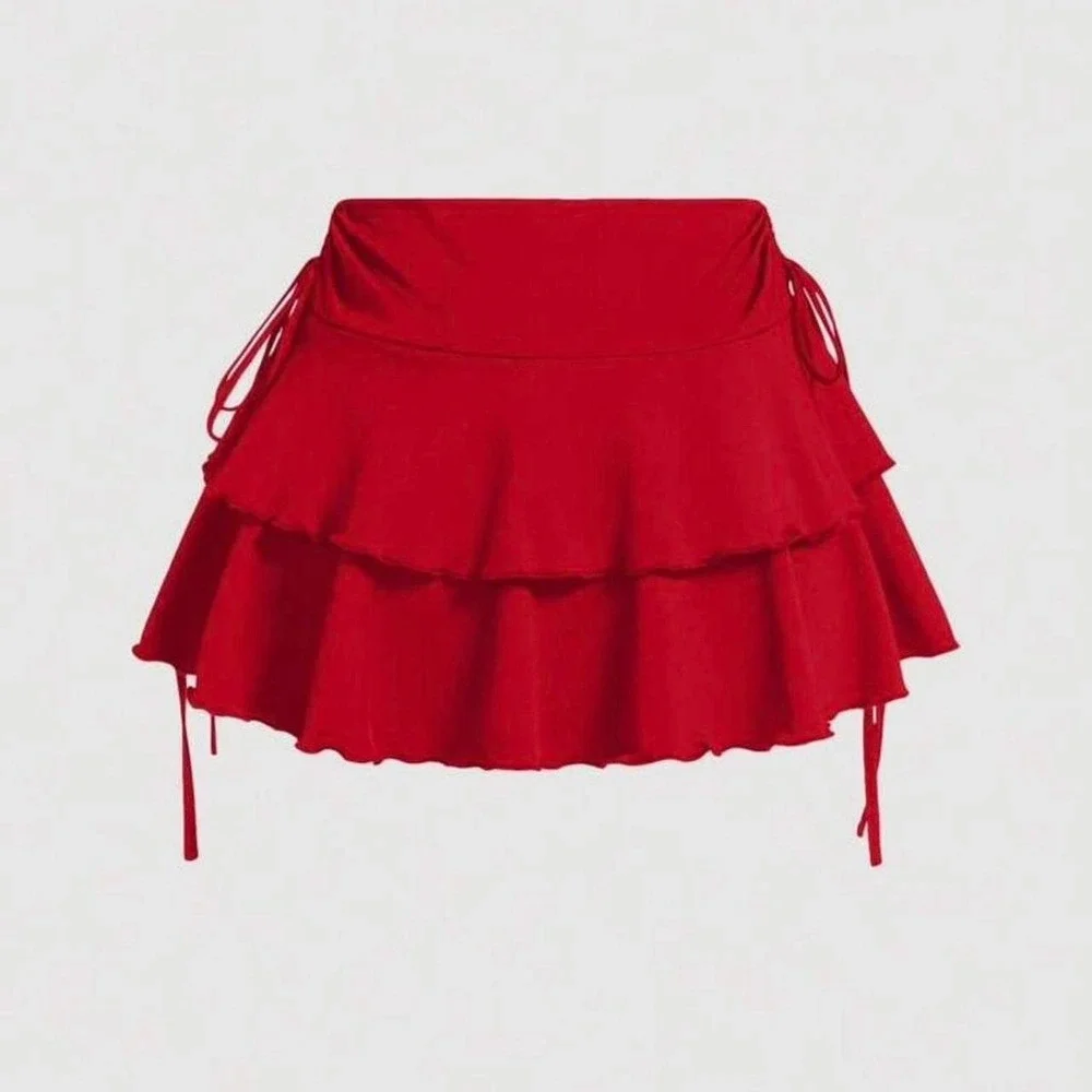 Shein MOD Ruffled Mini Skort Womens Small Red NWT Tiered Side Tie Sz S/4
